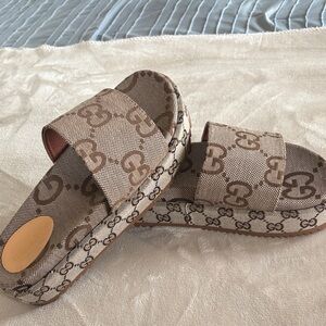 Gucci Tan Monogram Slide Sandals